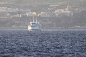 A flock of Ferruginous Ducks migrating through the Malta-Gozo Channel pass in front of one of the cross-channel ferries the transport people and vehicles between Malta and Gozo. Photo by Ray Galea