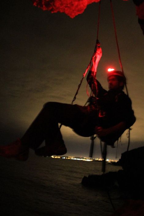 Researcher Antonio Vilches on his nocturnal abseiling to the Yelkouan Shearwater nesting site.